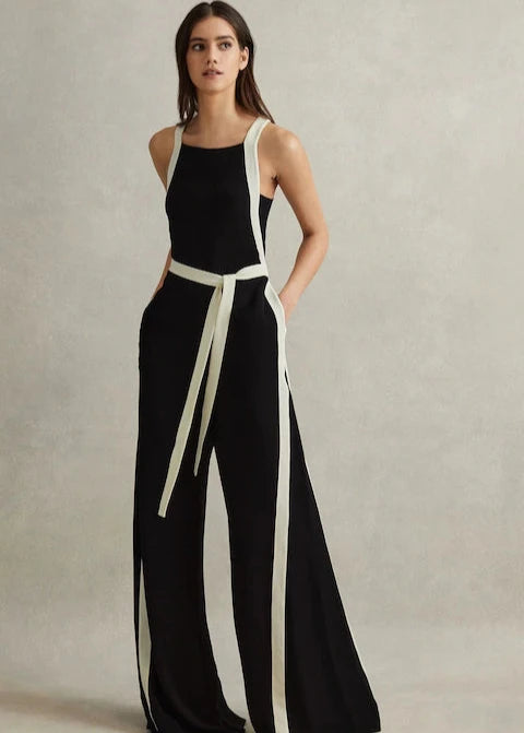 BLACK & WHITE TRIM BELTED JUMPSUIT