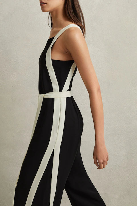 BLACK & WHITE TRIM BELTED JUMPSUIT