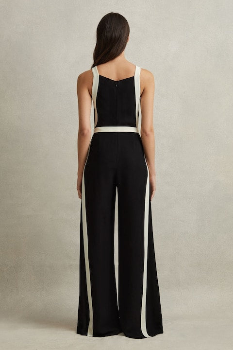 BLACK & WHITE TRIM BELTED JUMPSUIT