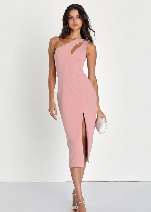 BLUSH ONE SHOULDER MIDI DRESS