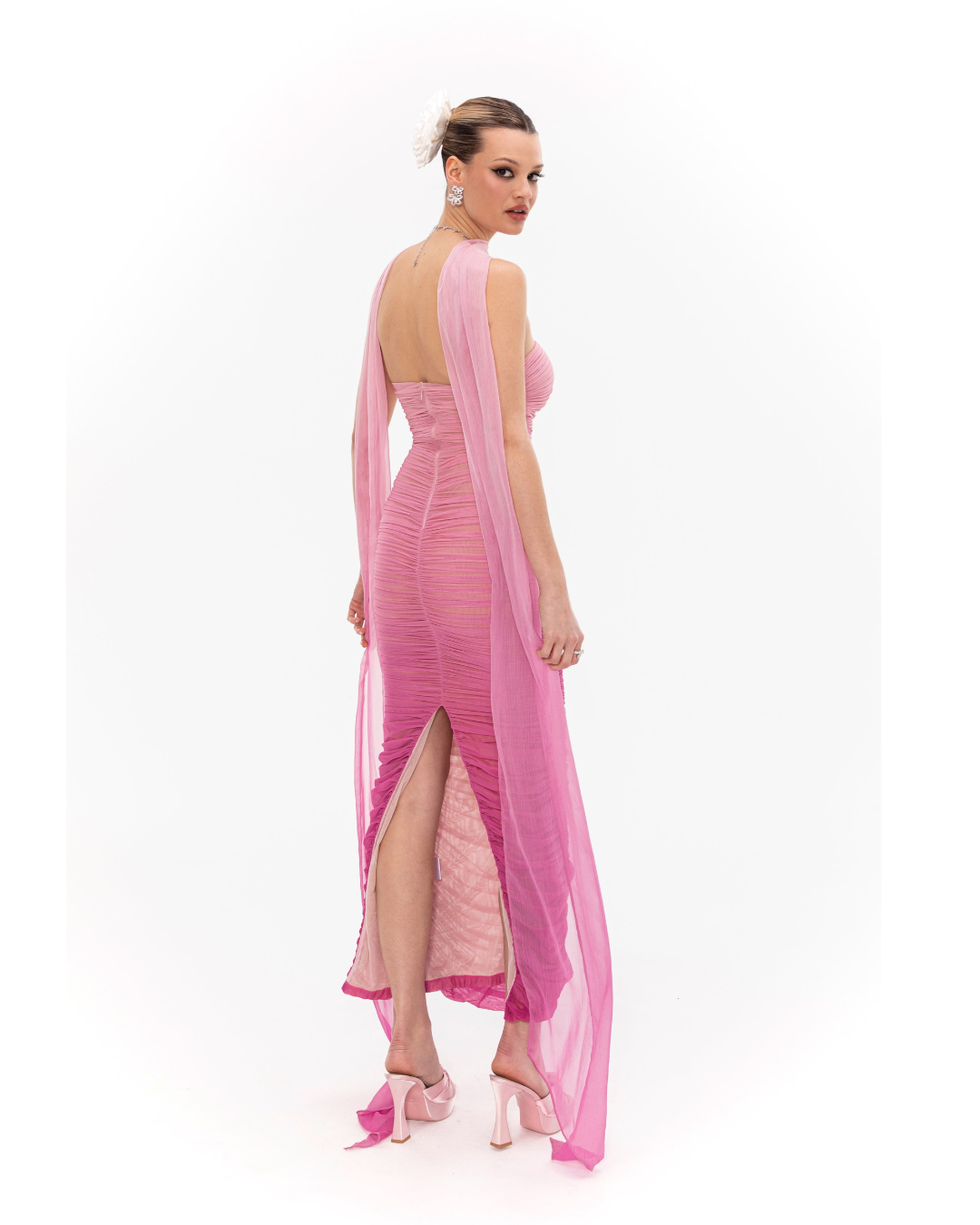 BLUSH AURA RUCHED MESH MAXI DRESS