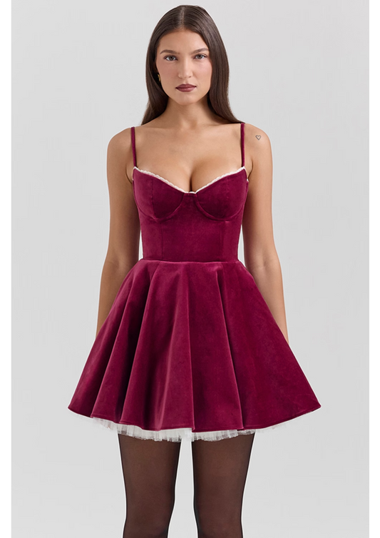 BURGUNDY VELVET MINI DRESS