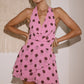 PINK CHOCOLATE POLKA BACKLESS MINI DRESS