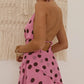 PINK CHOCOLATE POLKA BACKLESS MINI DRESS