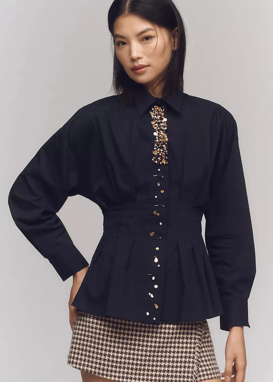 PLEATED EMBELLISHED BLOUSE TOP