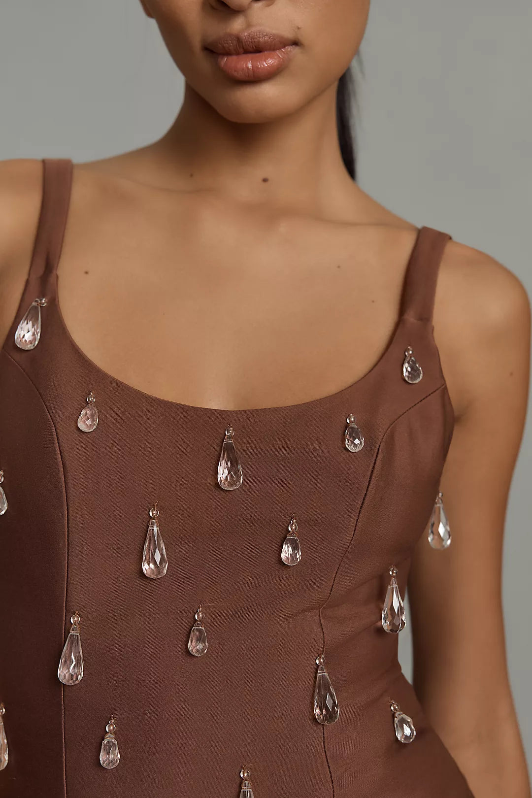 LUVIA BROWN BEADED MINI DRESS De Novoo LUVIA BROWN BEADED MINI DRESS De Novoo