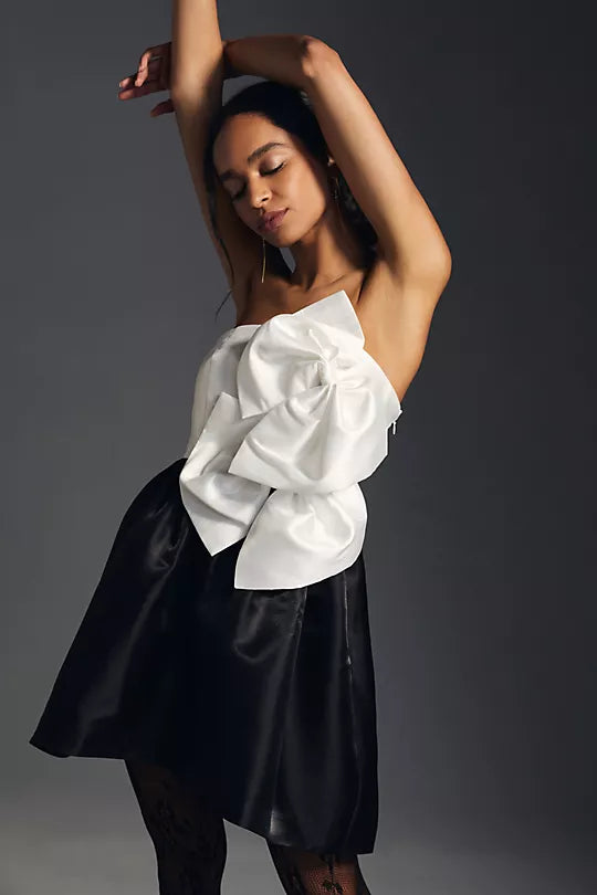 STRAPLESS SATIN DOUBLE BOW MINI DRESS