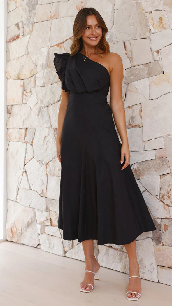 FRILL SHOULDER COTTON MIDI DRESS