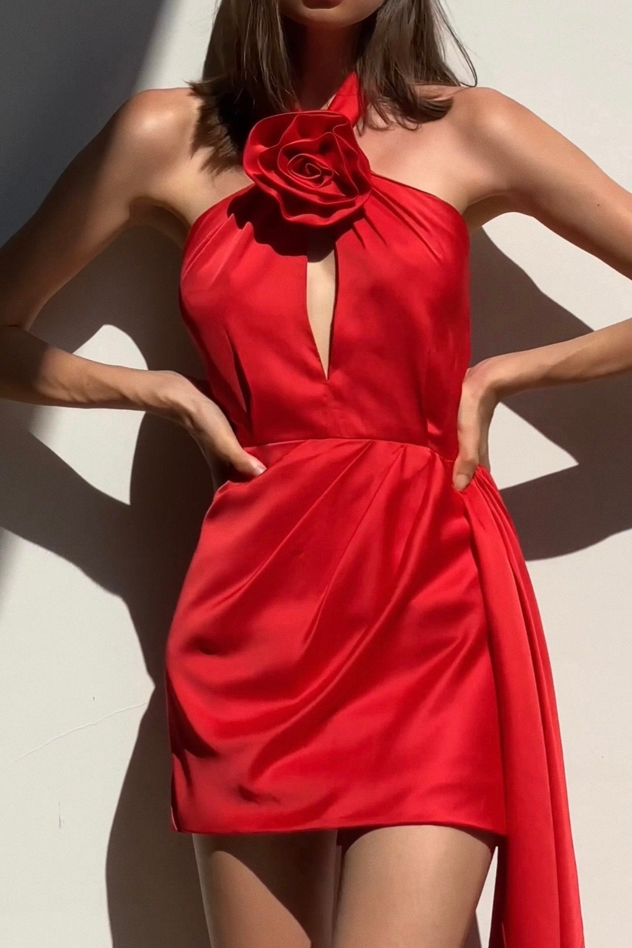 RED SATIN ROSE DRESS