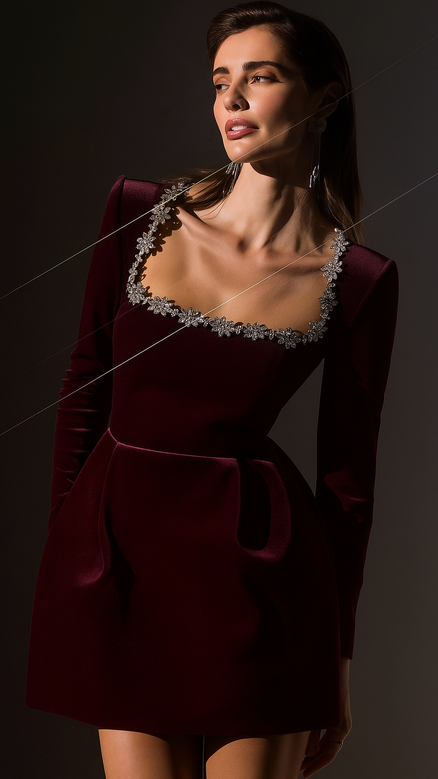 CAMILLE VELVET SQUARE EMBROIDERED NECK DRESS