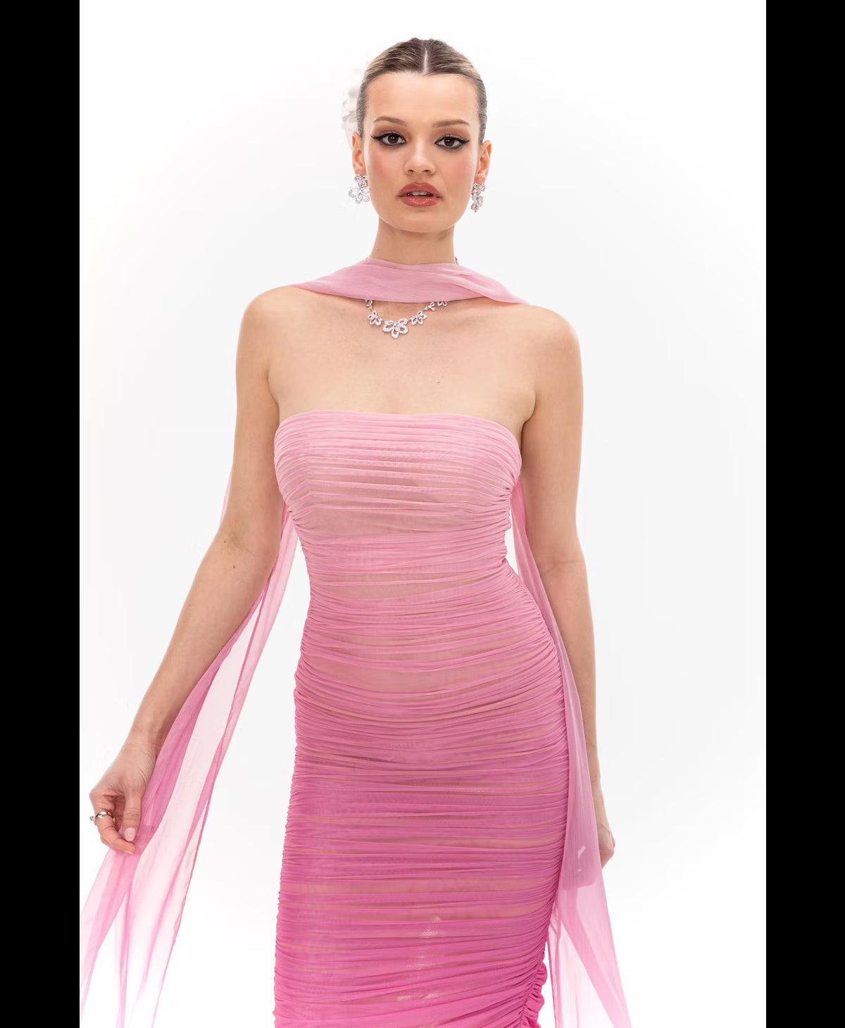 BLUSH AURA RUCHED MESH MAXI DRESS