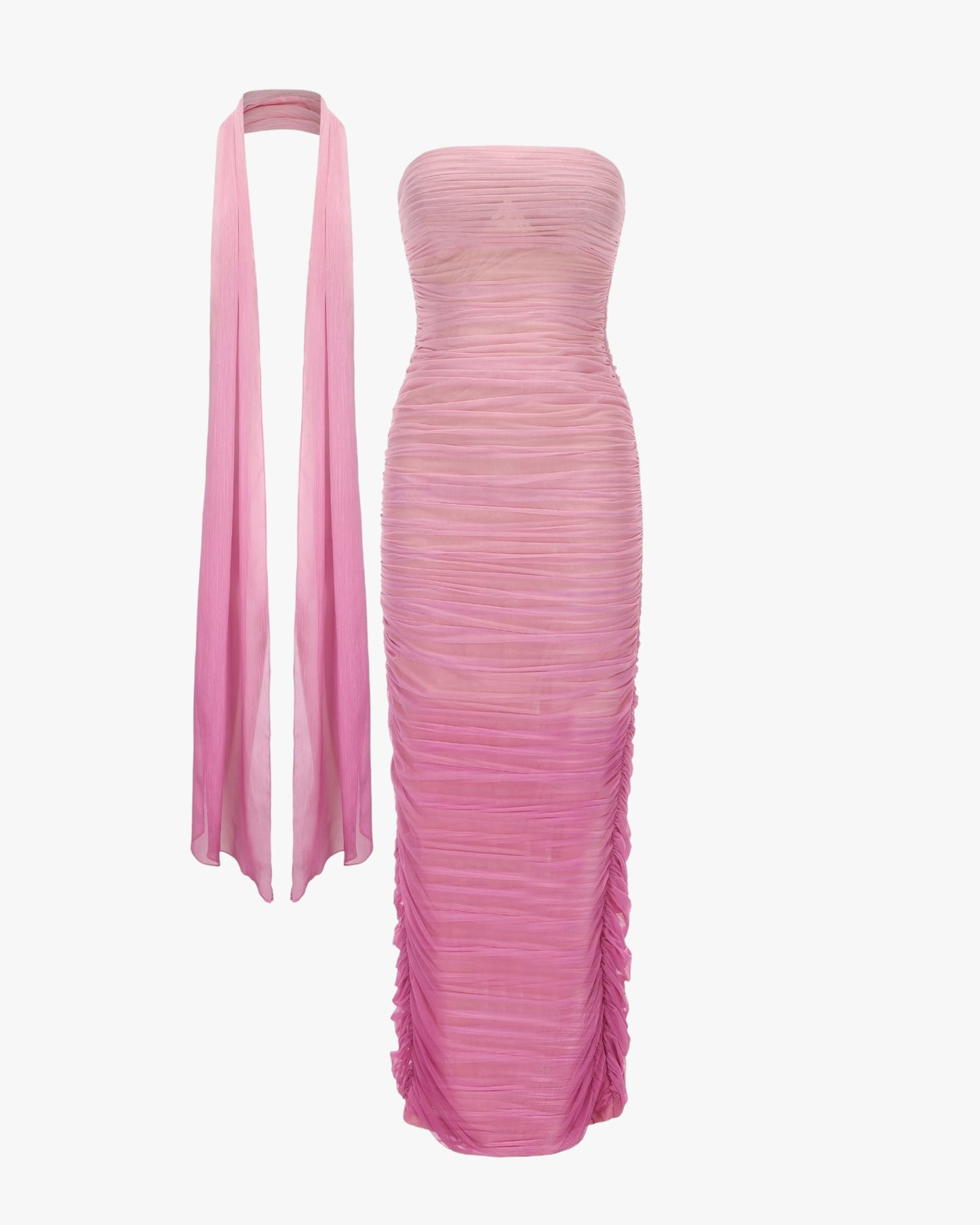 BLUSH AURA RUCHED MESH MAXI DRESS