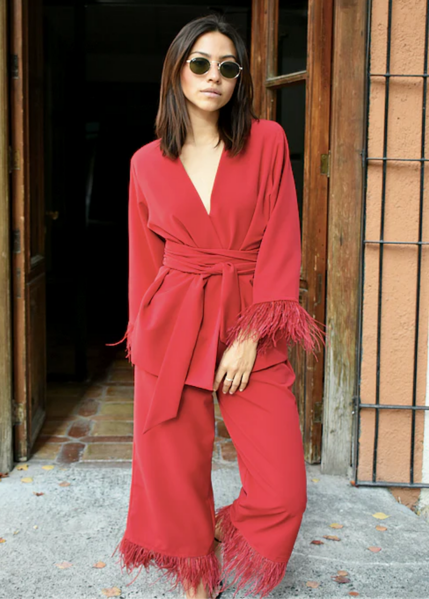 RED FEATHER TIE CO-ORD SET