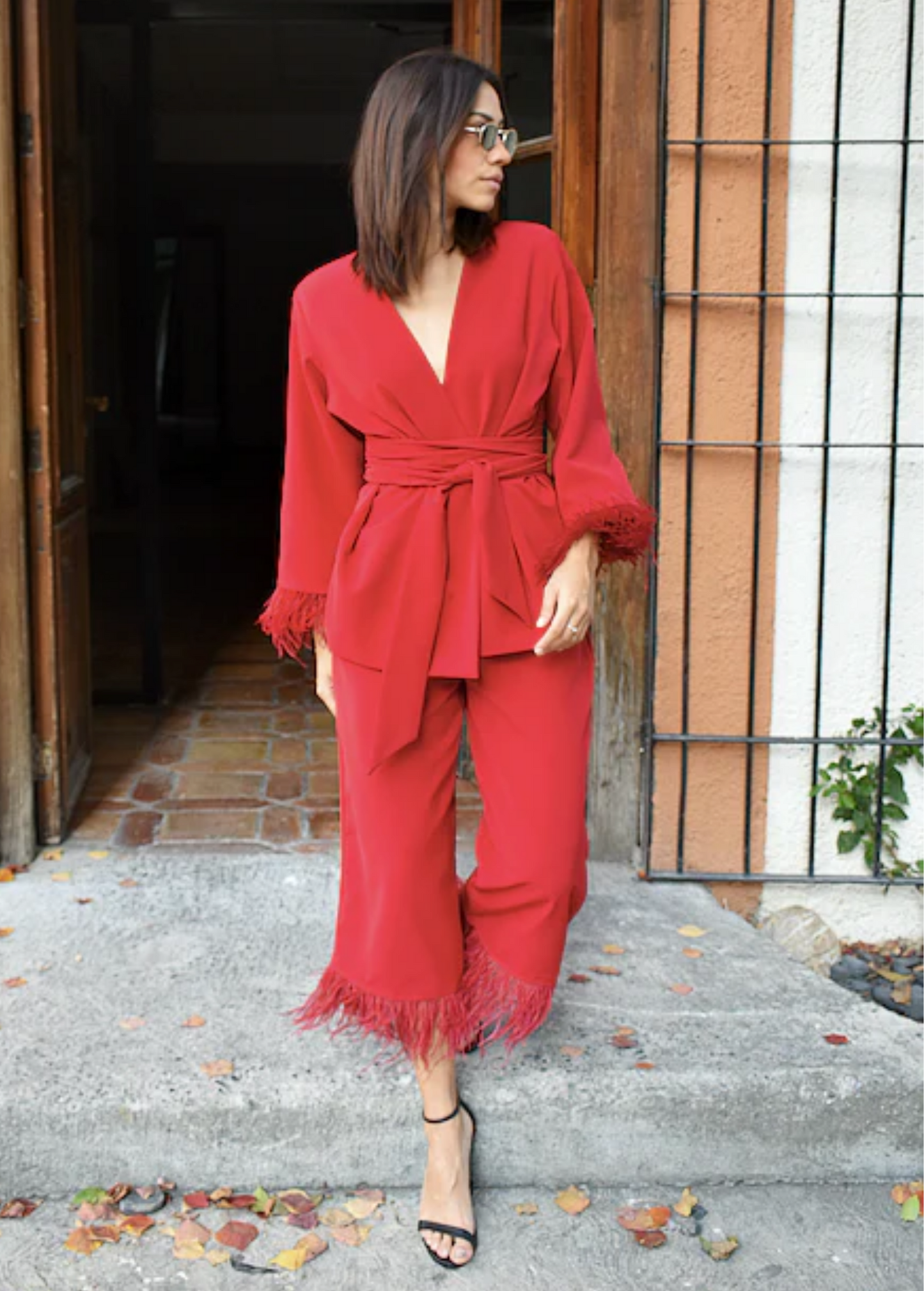 RED FEATHER TIE CO-ORD SET