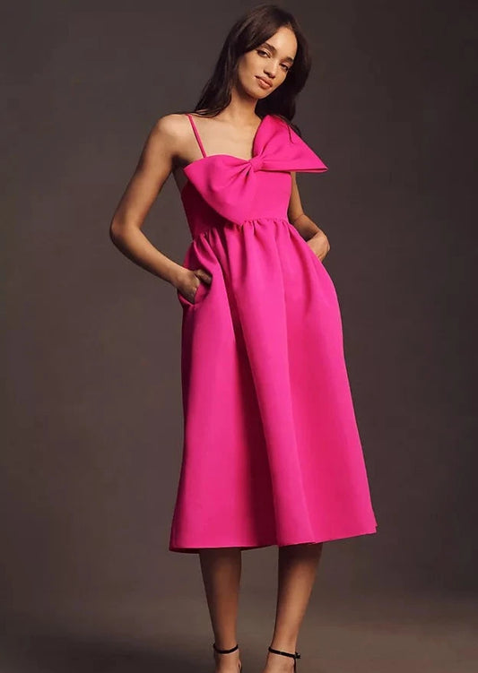 HOT PINK SIDE BOW MIDI DRESS