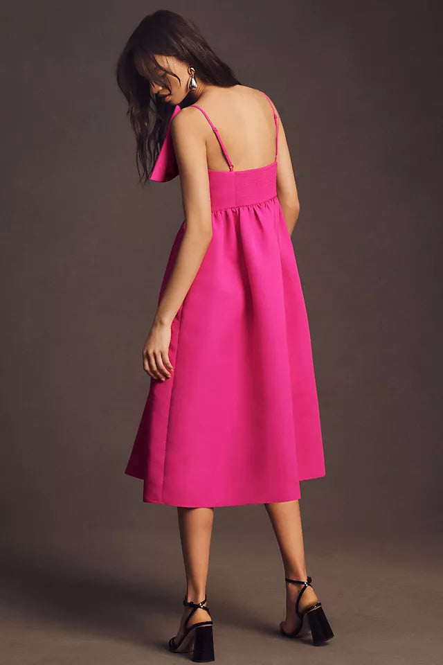 HOT PINK SIDE BOW MIDI DRESS