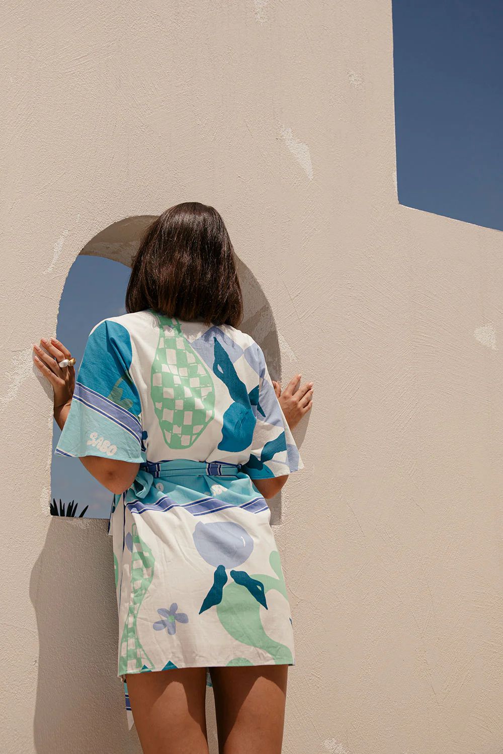 SHADES OF BLUE WRAP SHORT DRESS
