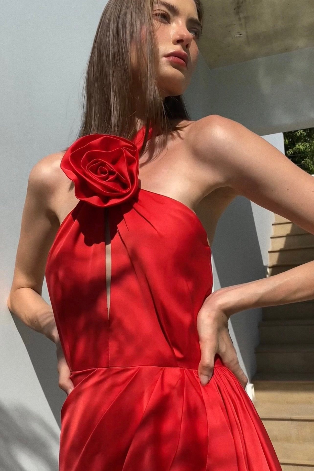 RED SATIN ROSE DRESS