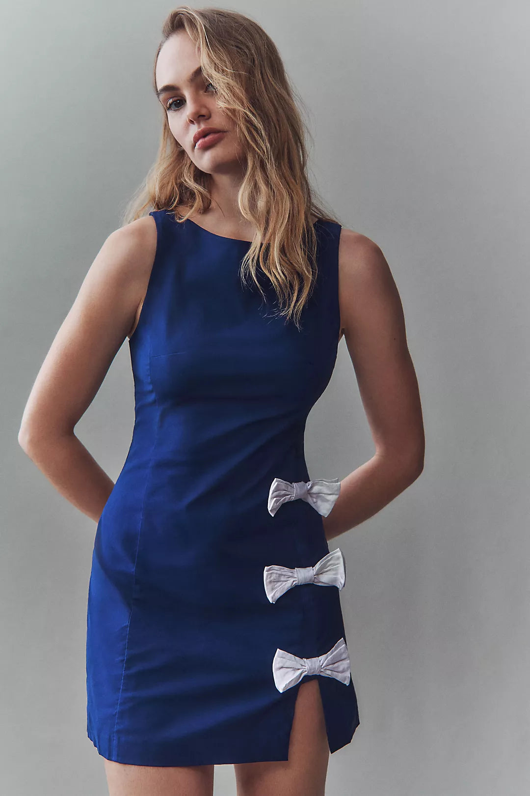 BOW DETAILING BLUE MINI DRESS