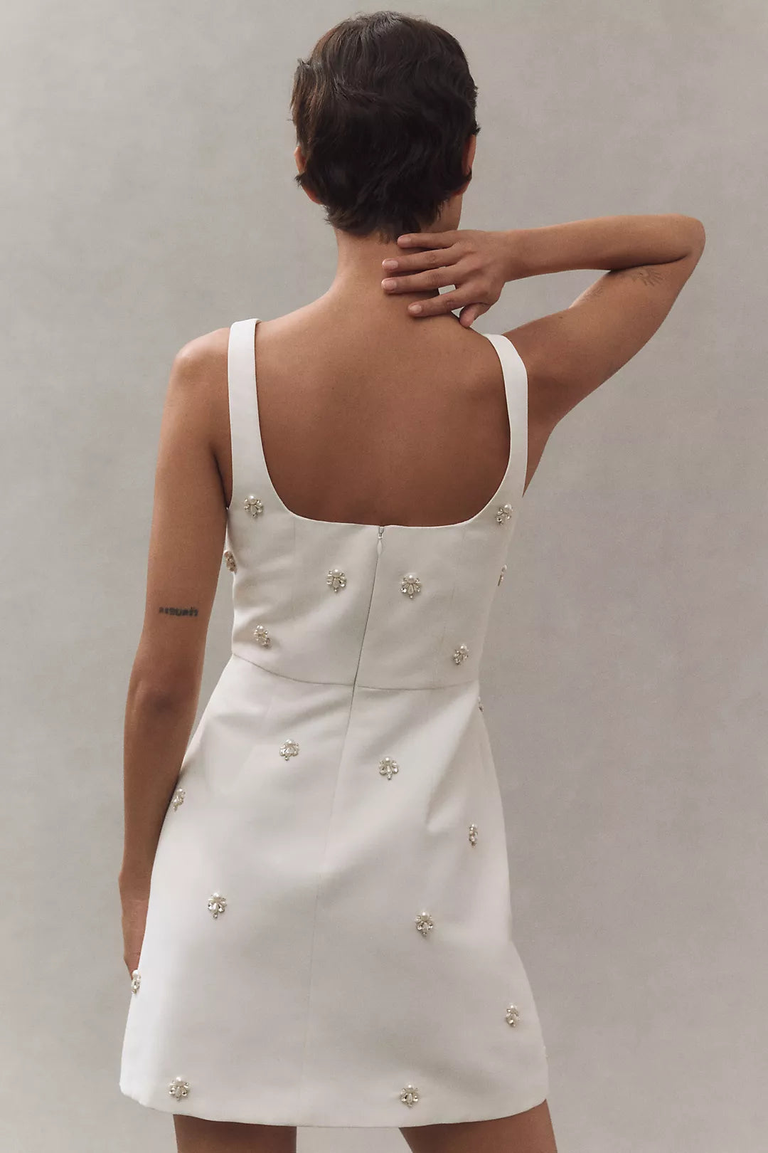 NECK EMBROIDERED A-LINE MINI DRESS