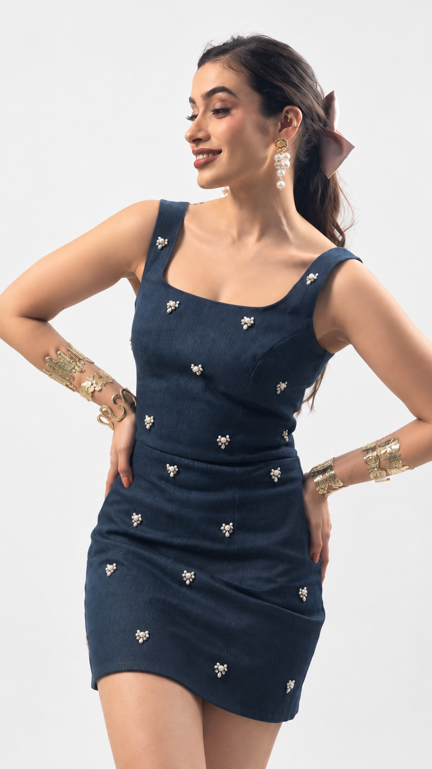 DENIM DRESS WHITE BEADED