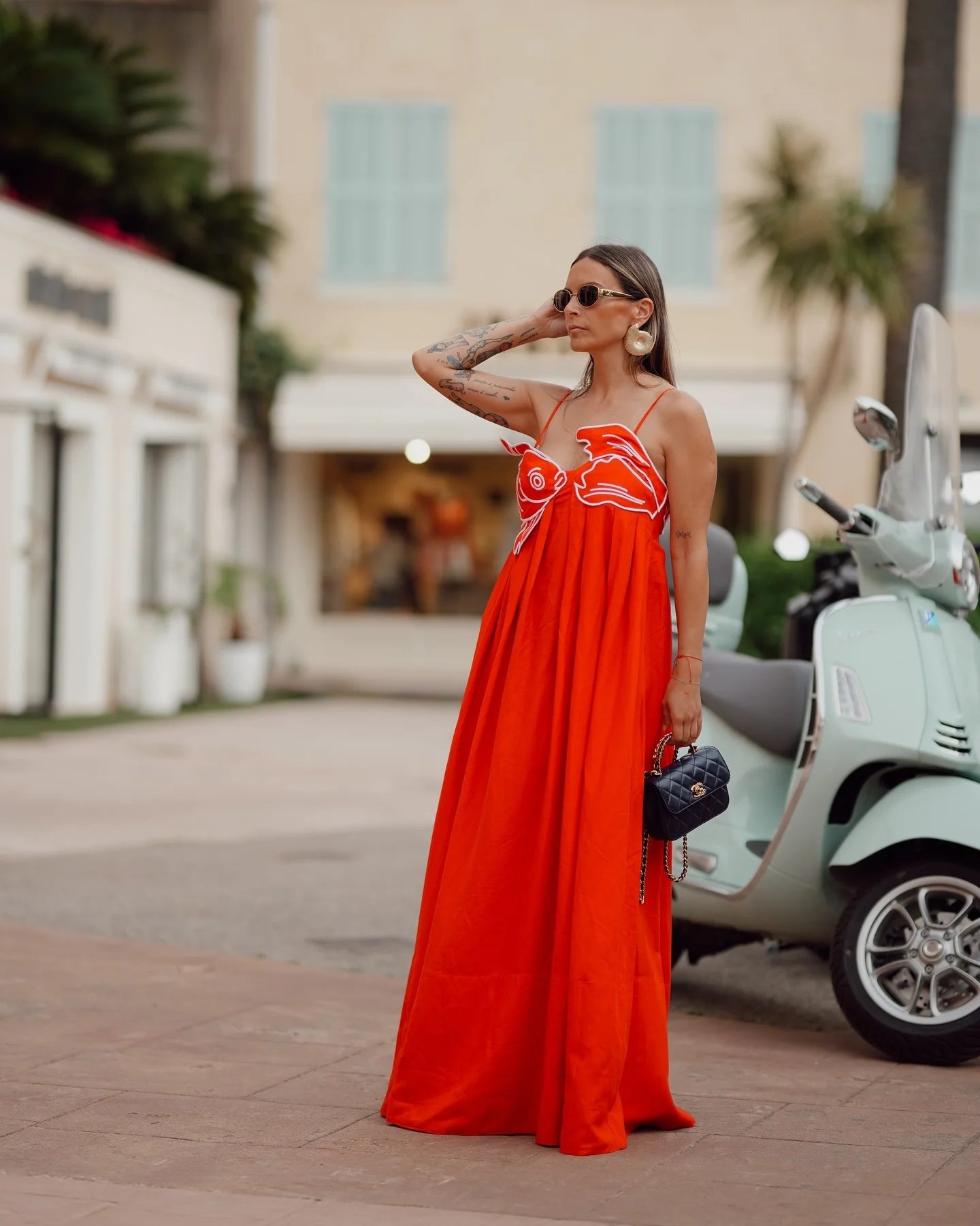 RED FISH EMBROIDERED MAXI DRESS