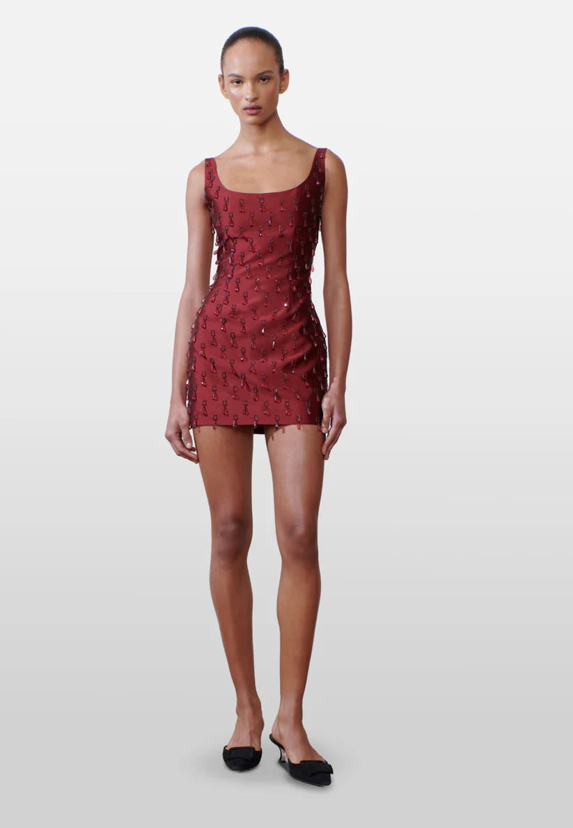CRYSTAL DROP BURGUNDY MINI DRESS