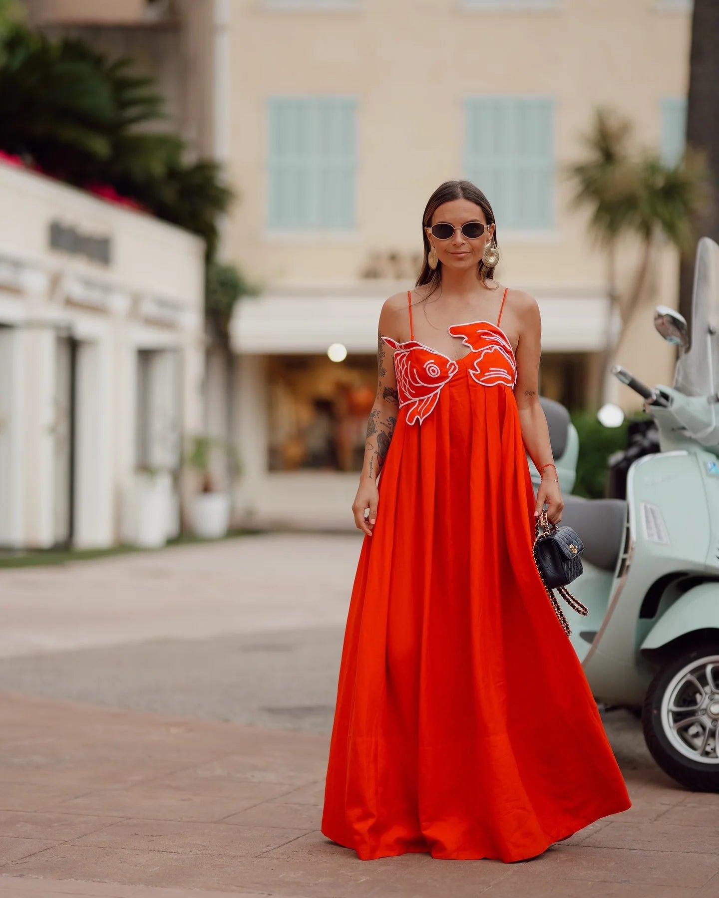 RED FISH EMBROIDERED MAXI DRESS