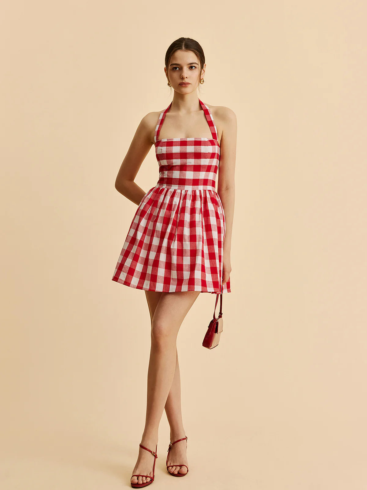 HALTER GINGHAM PRINT MINI DRESS