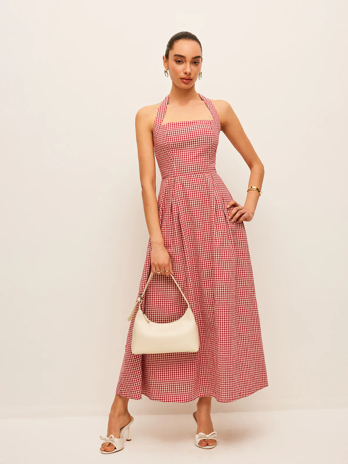 GINGHAM PRINT RED COTTON DRESS