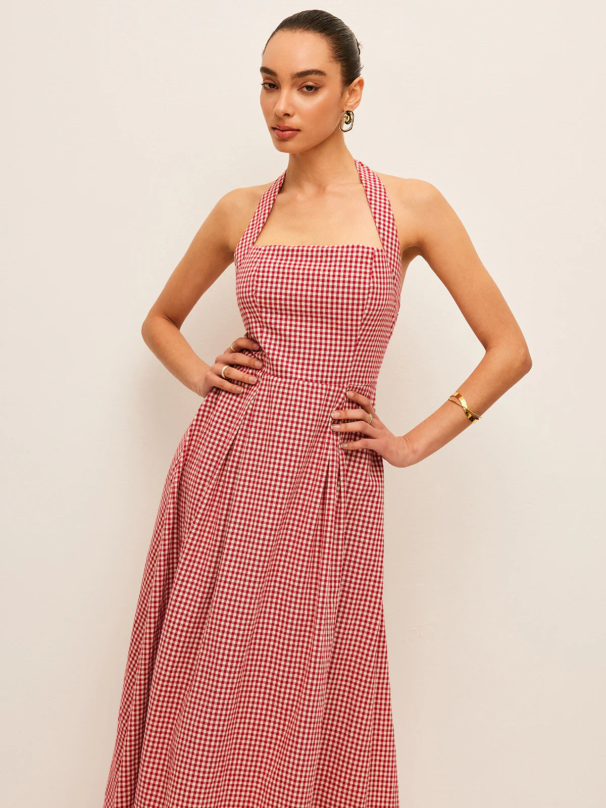 GINGHAM PRINT RED COTTON DRESS