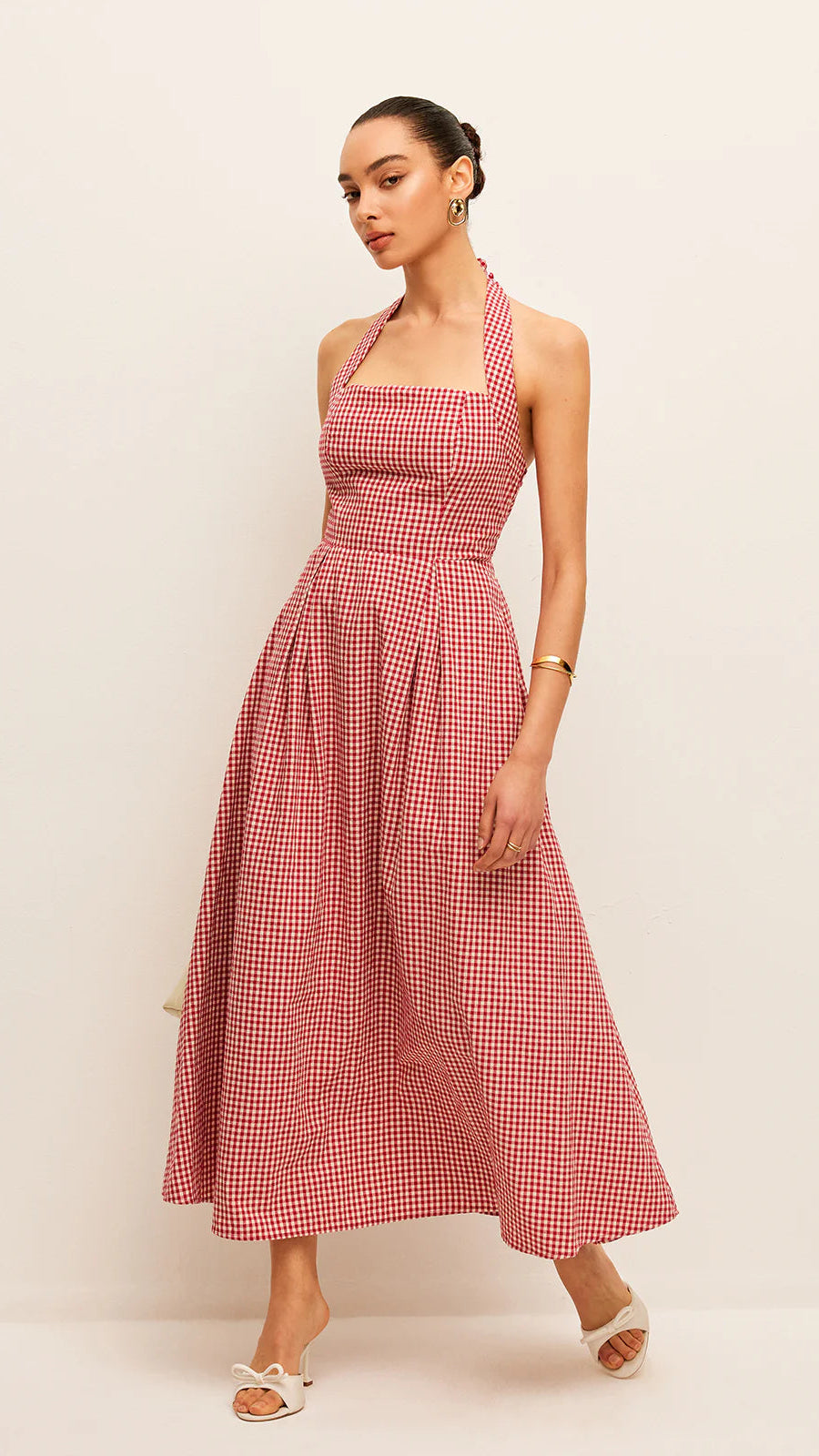 GINGHAM PRINT RED COTTON DRESS