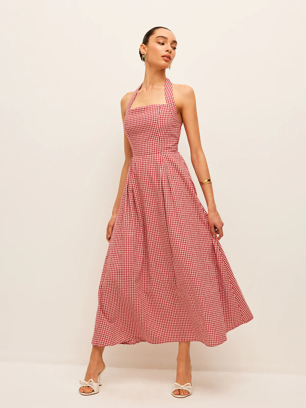 GINGHAM PRINT RED COTTON DRESS