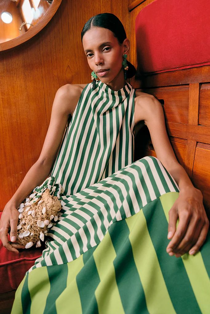 EMERALD COAST STRIPE HALTER MAXI DRESS