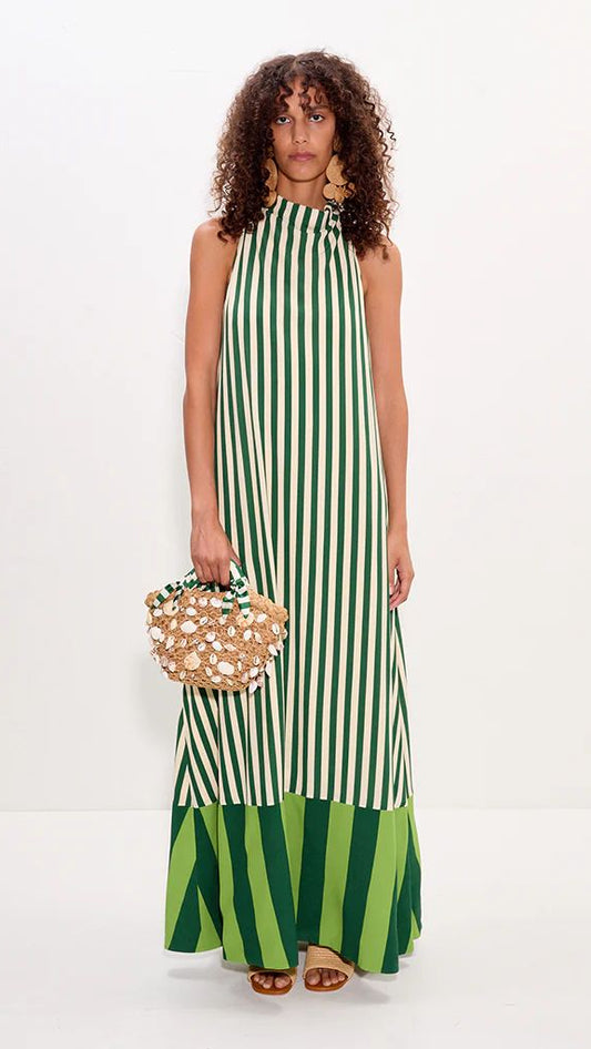 EMERALD COAST STRIPE HALTER MAXI DRESS