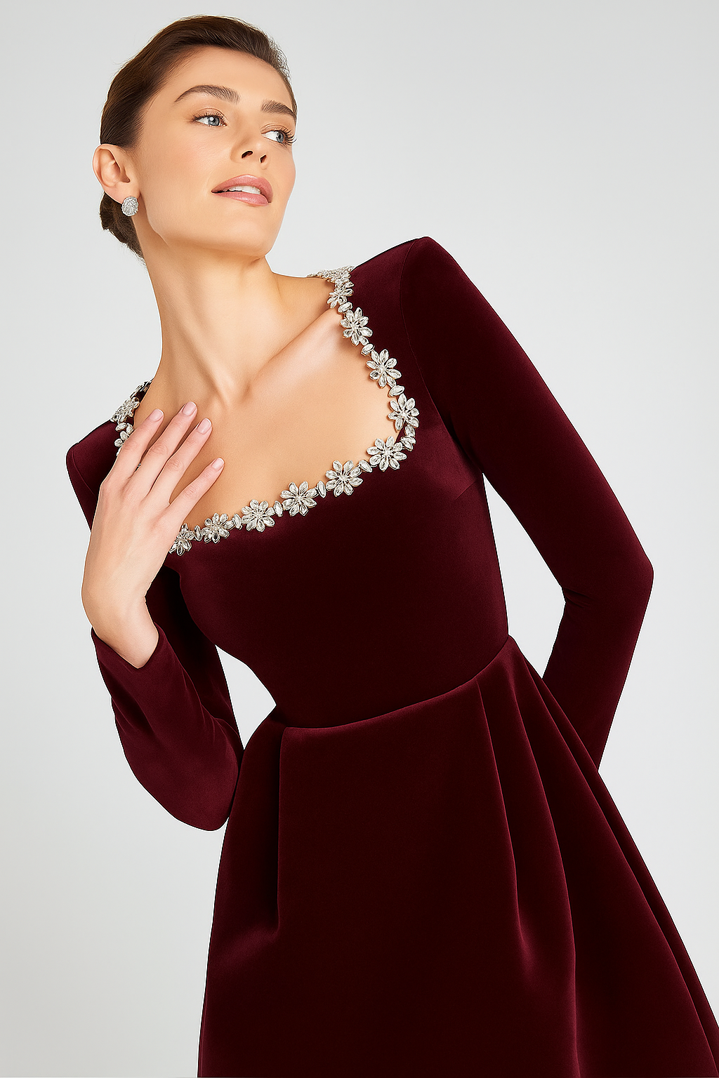 CAMILLE VELVET SQUARE EMBROIDERED NECK DRESS