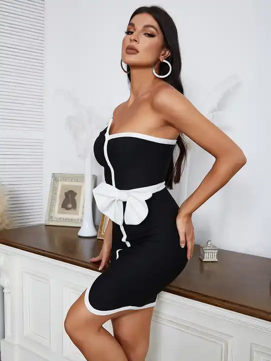 STRAPLESS BOW TIE-OFF BANDAGE DRESS