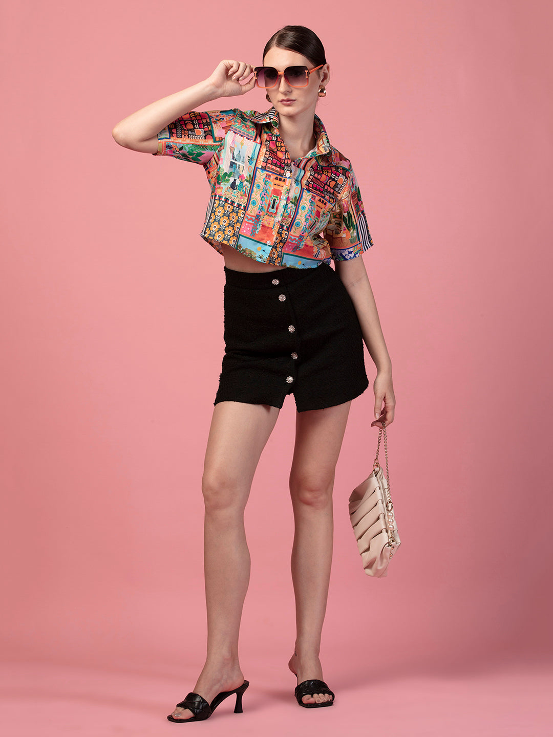 MULTICOLOR PRINT CROPPED SHIRT