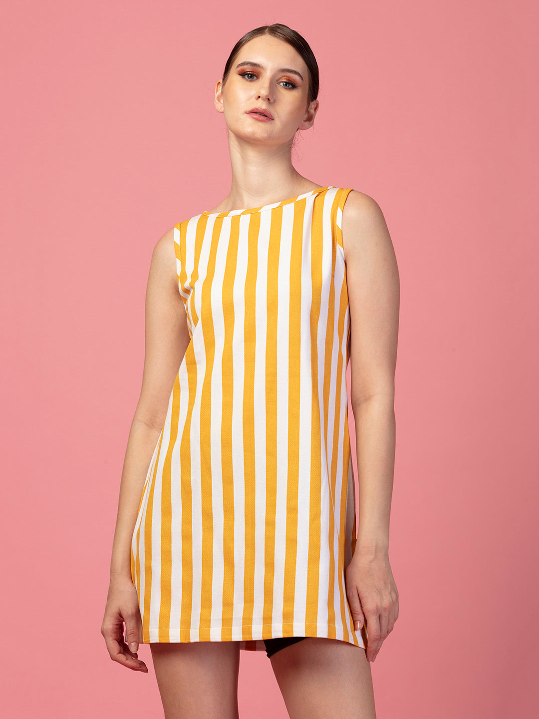 YELLOW STRIPED ROUND NECK TUNIC DRESS