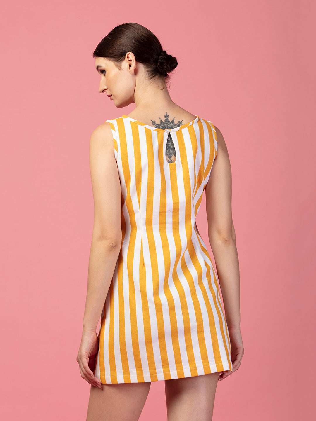 YELLOW STRIPED ROUND NECK TUNIC DRESS