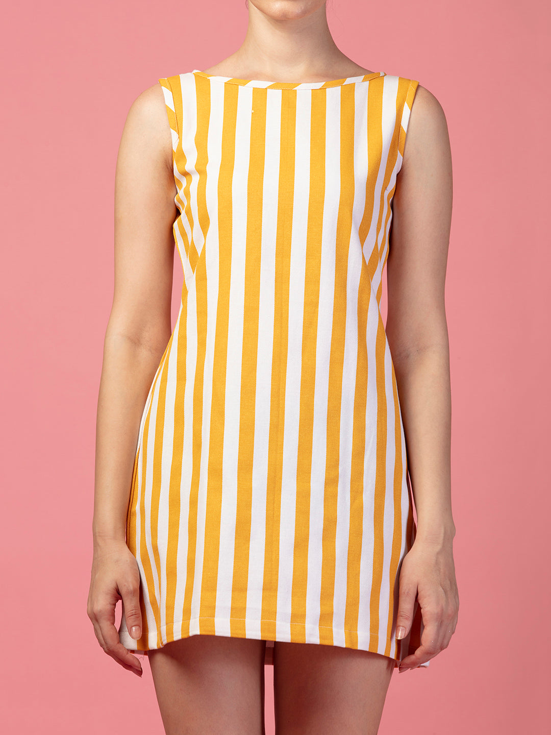 YELLOW STRIPED ROUND NECK TUNIC DRESS