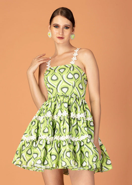 GREEN FLORAL LACE FLARED DRESS