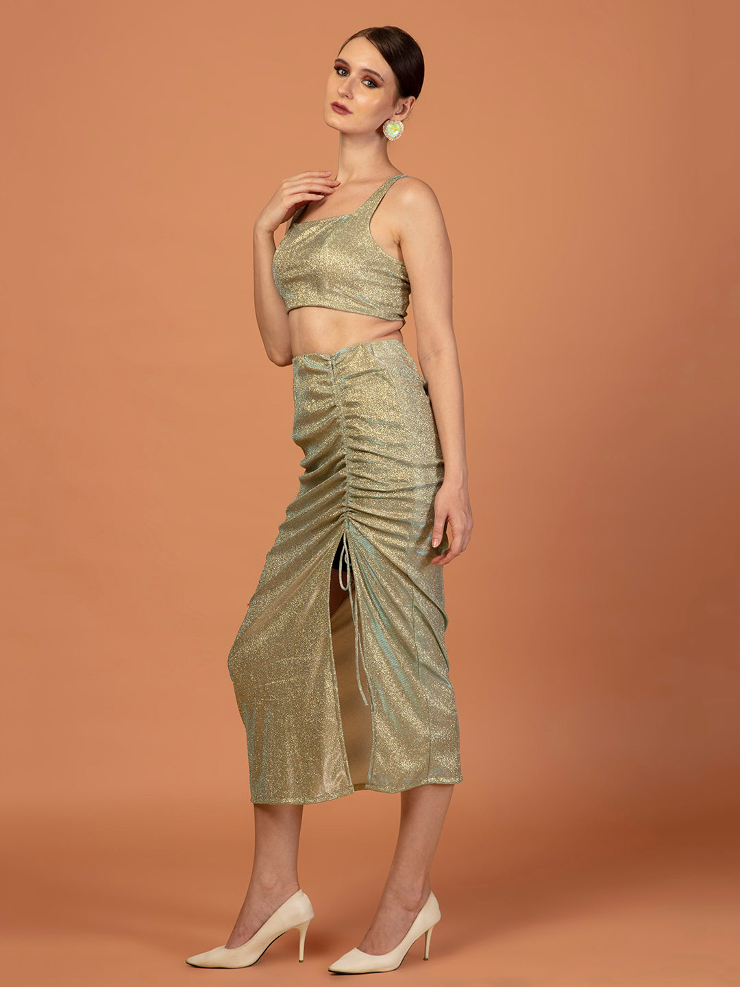 SHIMMER GREEN PLEATED SKIRT TOP