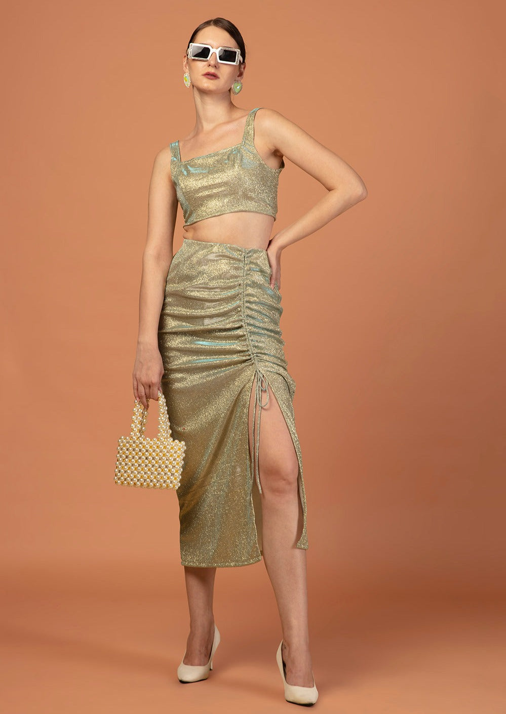 SHIMMER GREEN PLEATED SKIRT TOP