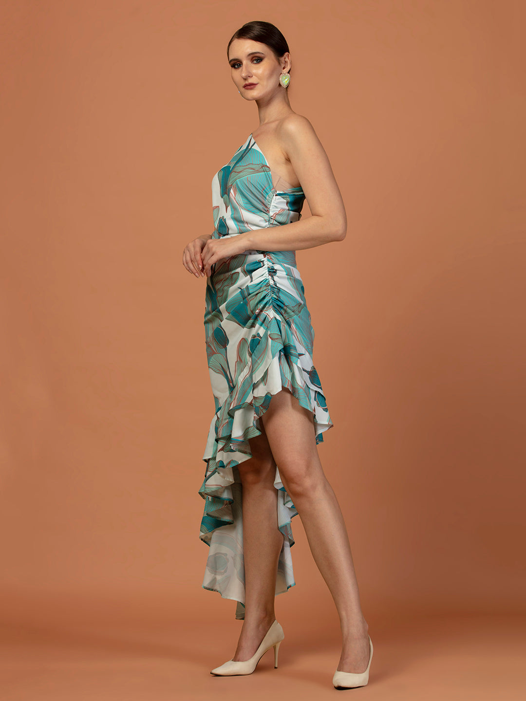 Asymmetrical tropical print dress