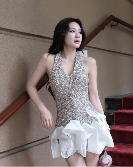 WHITE SEQUIN HALTER NECK WAVES DRESS