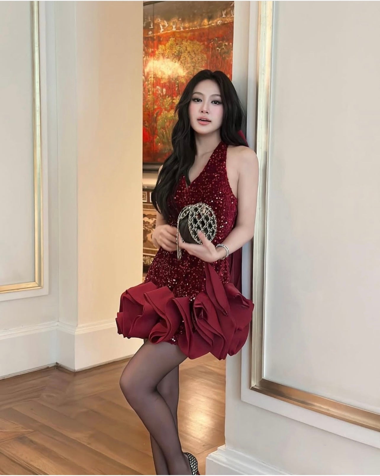 WHITE SEQUIN HALTER NECK WAVES DRESS