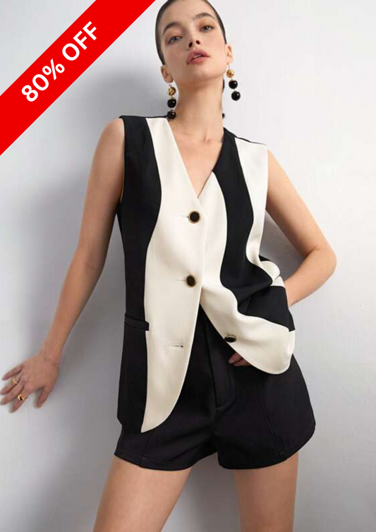 TWO TONE BUTTON FRONT VEST BLAZER TOP