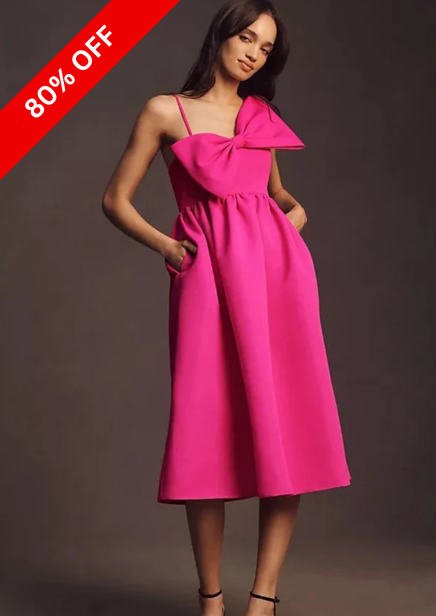 HOT PINK SIDE BOW MIDI DRESS