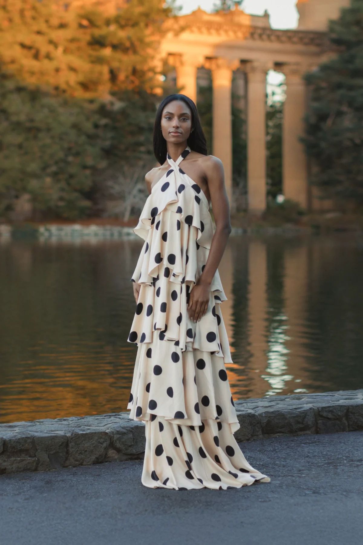 POLKA CASCADE RUFFLE MAXI DRESS